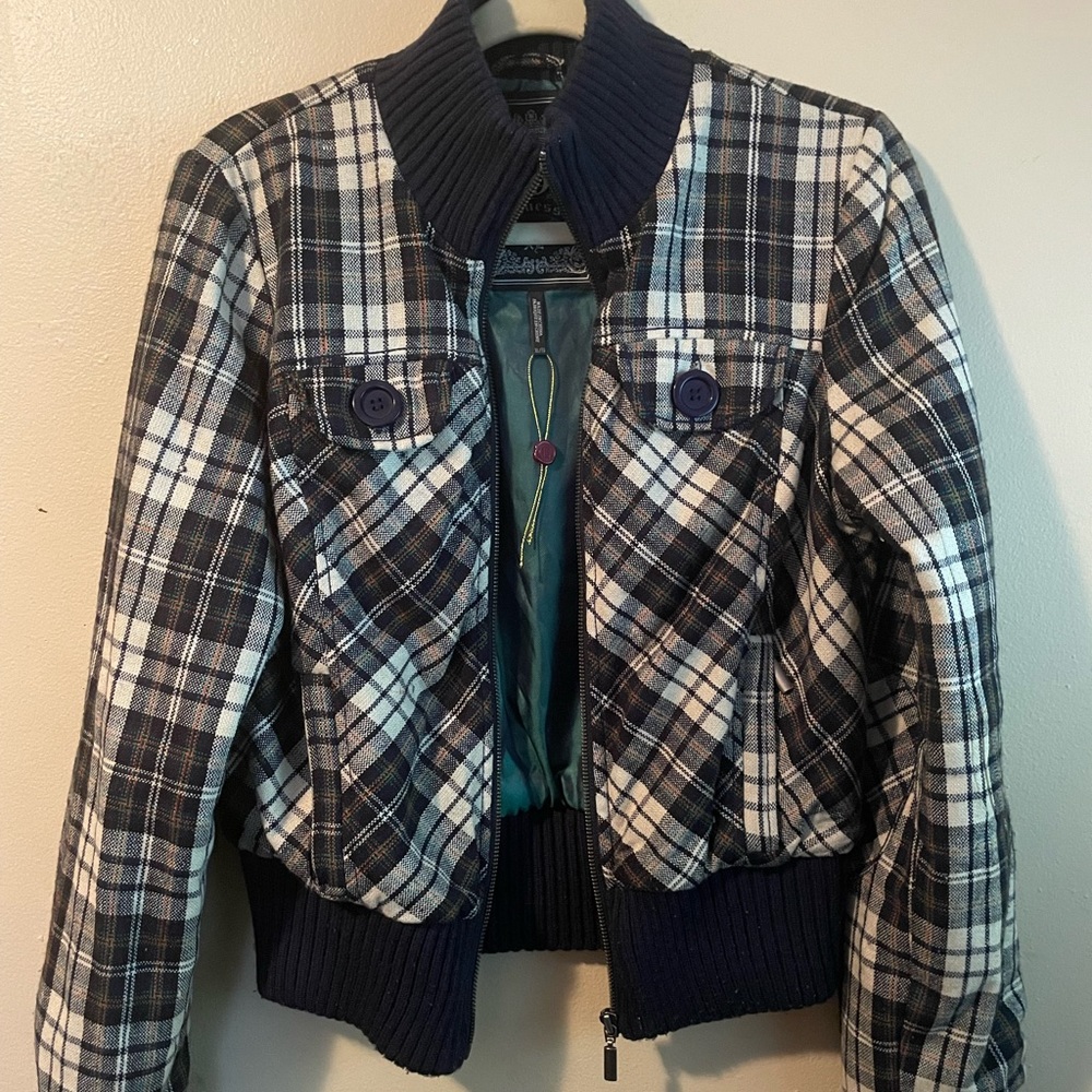 Guess Plaid Bomber Jacket Blue/Red Size Medium